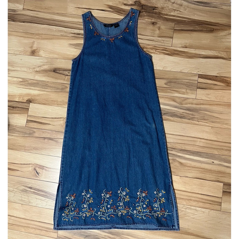 VTG Denim Dress Jumper Sz M Petite Embroidered Midi Granny Agapo 90s Cottagecore